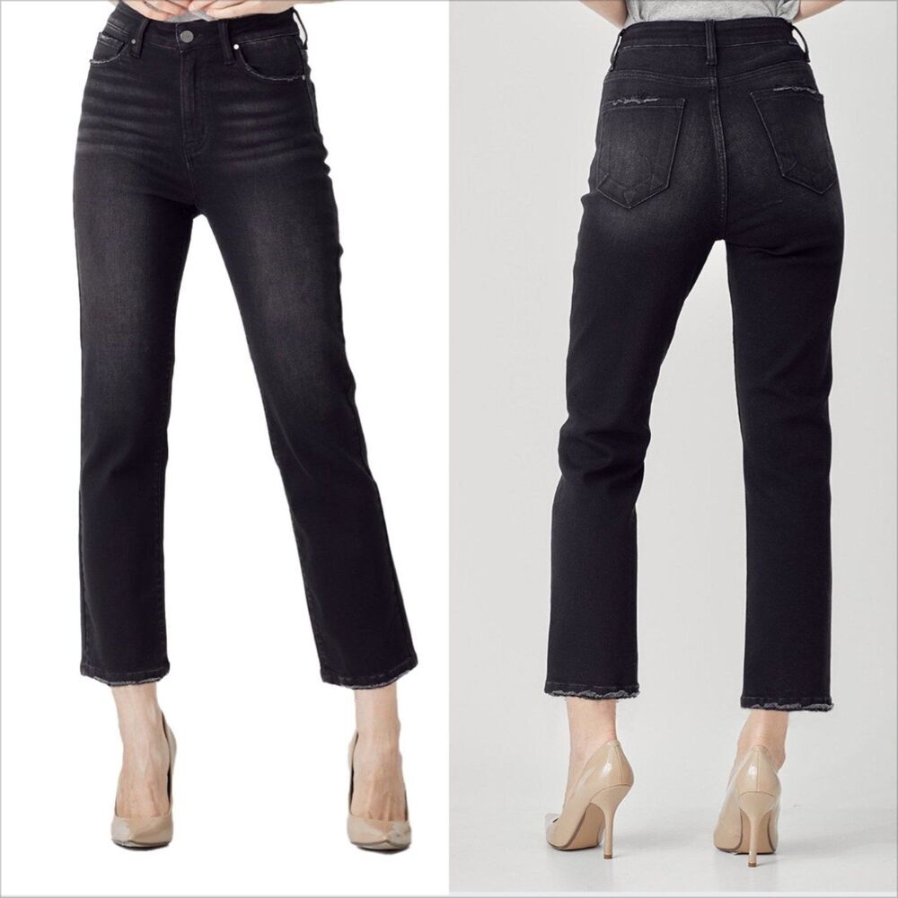 Risen Jeans High Rise Cropped Straight Leg Jeans Size 2XL Black Stretch